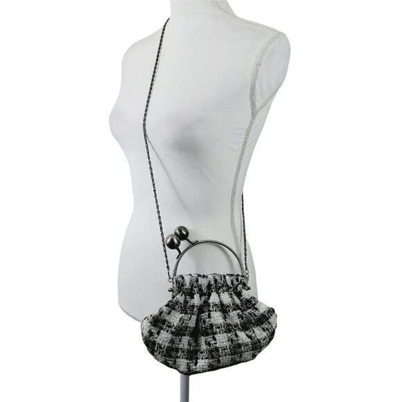 Vintage Jessica McClintock Tweed Handbag Purse Kiss Lock White Black Brown Small - Picture 2 of 11